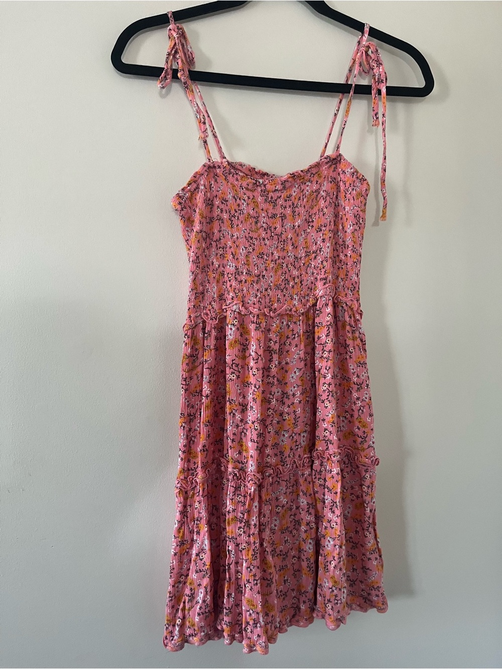 Pink Ditsy Floral Smocked Mini Dress Medium Tie Strap Cottagecore Summer Beach